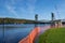 Stillwater Minnesota Cityscape view of the flooded Lowell Park in autumn. Historic Stillwater Lift Bridge under construction, over