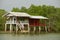 Stilt fishermen cabin in the gulf in Tha Thong in Surat Thani, Thailand.