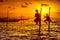 The stilt fishermen on the sunset background.