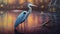 Stippling Painting: Beautiful Blue Heron On Pond With Trees