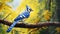 Stippling Painting: A Unique Blue Jay With Iridescent Diamond-like Feathers