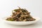 Stir-fried anchovies on white background