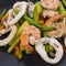 Stir fried asparagus with squid and shrimp with oyster sauce