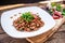 stir-fried beef and basil, famous street food in Thailand, fast food, soft focus