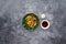 stir fried chicken heart and lungs with fish sauce served in bowl isolated on dark grey background top view of japanese food