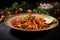 Stir-fried chicken with spicy sauce and chilli on black background, Experience the thrilling fusion of global flavors with a spicy