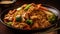 Stir fried Chinese food on plate with chopsticks, high angle view generated by AI