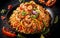 Stir-fried noodles with grilled shrimps sauce spring onion and bell pepper on dark background