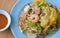 Stir fried seafood glass noodle and egg with sukiyaki sauce