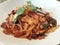 stir-fried spaghetti with dried chili and crispy bacon