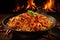 stir-fried spaghetti with shrimp and chilli on wooden table, Experience a flaming spice sensation with sizzling stir-fried noodles