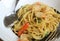 Stir-fried spicy spaghetti with shrimp