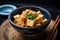 Stir fried tofu in a bowl with chopsticks. Generative AI. Vegan, vegetarian and asian food