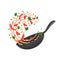 Stir fry. Cooking process vector illustration. Flipping Asian noodles in a pan.