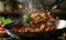 Stir fry meat and vegetables cooking in wok, flying ingredients. Chinese recipes. Wok preparation ingredients