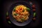 Stir fry noodles with vegetables and shrimps in black bowl. Slate background. Top view