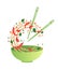 Stir fry vector illustration. Flipping Asian noodles with vegetables in a green bowl. Cartoon style