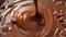Stirring chocolate, hot melted liquid chocolate, mixing molten milk chocolate or dark caramel. Cooking handmade