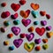 Stitched hearts from different colored fabrics. The concept of decor, sewing, needlework. Generative AI