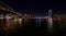 Stitched panorama of a lower Manhattan from Empire Fulton Ferry park with Brooklyn and Manhattan bridges