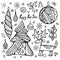 Stock christmas set with tree, boll, snowflakes. hand draw