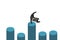 In the stock market its survival of the fiscally fittest. a businessman jumping over a graph against a white background.