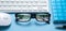 Stock market statistics on eyeglasses. Forex trading analysis