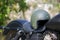 Stock Photo - helmet and glasses on the seat of a motorcycle