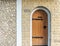 Stock photo minimalist clean brick home exterior with wooden front door