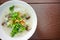 Stock Photo - mush rice boiled with fried garlic with mushroom