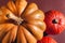 Stock photo pumpkin close-up, assorted pumpkins. Big and small size pumpkins and different colors, on a brown background