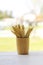 Stock Photo:Ripe wheat in a wooden vase soft focus