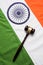 Stock photo showing Indian low and jurisdiction - Indian national flag or tricolour with wooden gavel showing concept of law in In