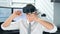 Stock trader wearing virtual reality glasses