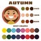 Stock vector color guide. Eyes, skin, hair color. Seasonal color analysis palette with best colors for autumn type of children app