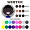 Stock vector color guide. Eyes, skin, hair color. Seasonal color analysis palette with best colors for winter type