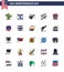 Stock Vector Icon Pack of American Day 25 Flat Filled Line Signs and Symbols for shield; american; army; party bulb; buntings