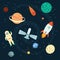 Stock Vector Illustration: Space set of planets, orbits, rockets, satellite, stars, ufo, astronaut, apollo, comet, meteorite.