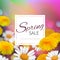 Stock vector illustration Spring sale. Realistic dandelion, taraxacum, blurred defocused background. Macro chamomile bokeh.