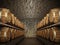 Stocked wine barrels across two sides of corridor of a wine cellar