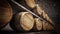 Stocked wine barrels across two sides of corridorof a wine cellar