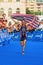 STOCKHOLM - AUG, 24: The winner Gwen Jorgensen running to the finish line with the USA flag in the Womens ITU World Triathlon