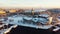 Stockholm, Sweden, aerial view of the Nordic Museum and the Vasa Museum in winter with snow, frost and light fog with sunshine