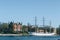 Stockholm, Sweden - May 1, 2019 : Scenic sunny day panorama of Stockholm city. City quay with passenger boat. City tour