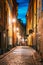 Stockholm, Sweden. Night View Of Traditional Stockholm Street. Residential Area, Cozy Street In Downtown. Baggensgatan