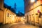 Stockholm, Sweden. Night View Of Traditional Stockholm Street. Residential Area, Cozy Street In Downtown. Night Abstract