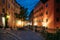 Stockholm, Sweden. Night View Of Traditional Stockholm Street. Residential Area, Cozy Street In Downtown. Osterlanggatan