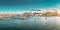 Stockholm, Sweden. Scenic Famous Panoramic View Of Embankment In Old Town Of Stockholm In Sunset Lights. Jetty With Many