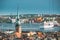 Stockholm, Sweden. Scenic View Of Skyline At Summer Day. Elevated View Of German St Gertrude`s Church. Famous Popular