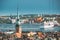 Stockholm, Sweden. Scenic View Of Skyline At Summer Day. Elevated View Of German St Gertrude`s Church. Famous Popular